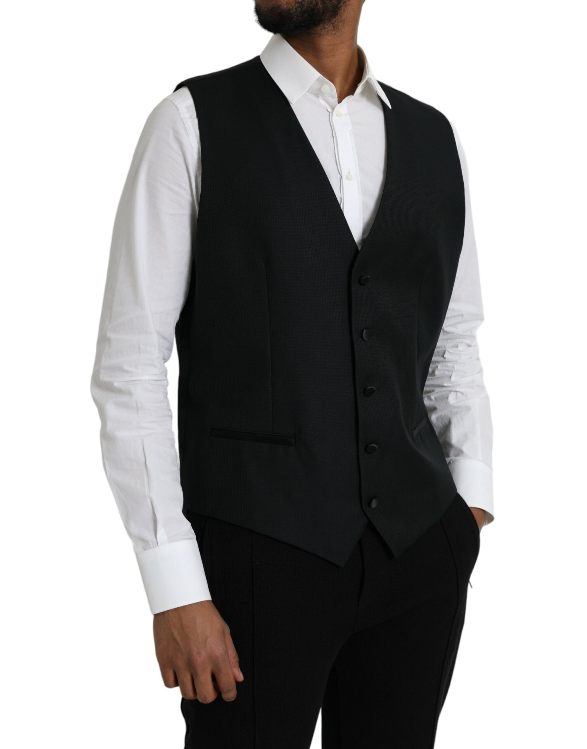 A black wool vest with a waistcoat design, part of formal wear