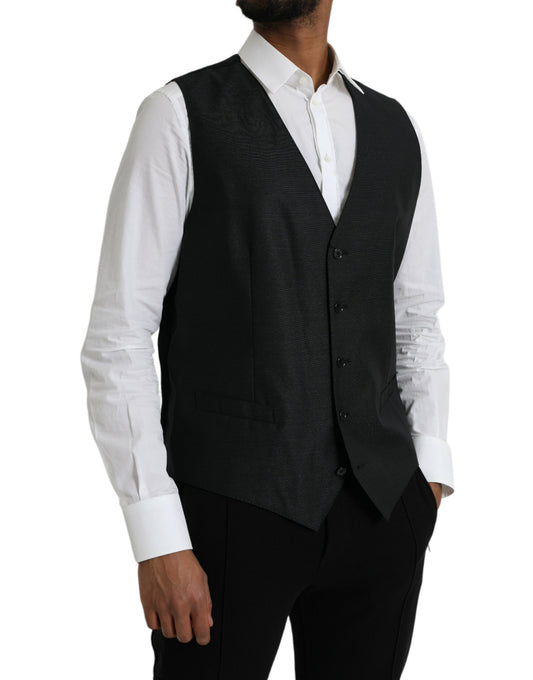 A black wool vest with a waistcoat design, part of formal wear
