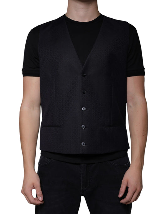 A black wool waistcoat with a vest design, featuring buttons and a collar