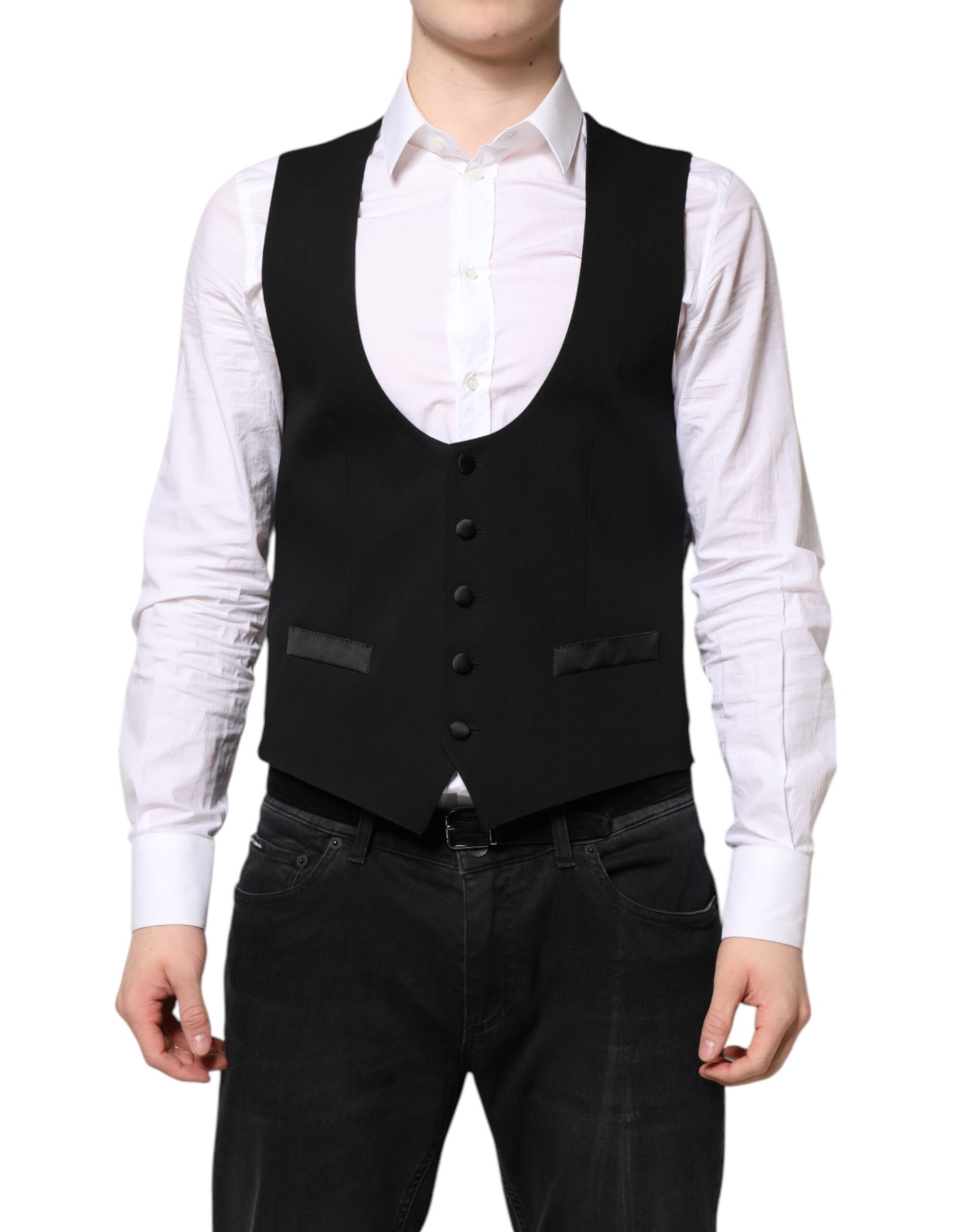 A black wool vest with buttons and a waistband, part of formal wear