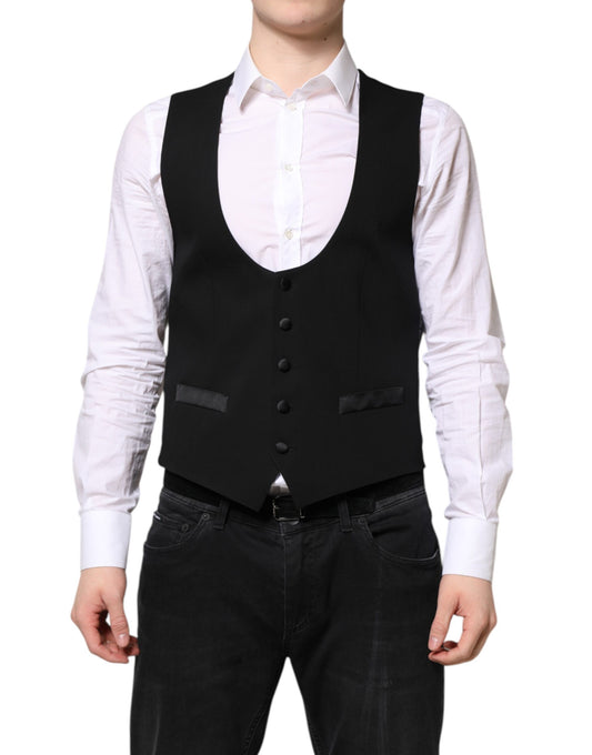 A black wool vest with buttons and a waistband, part of formal wear