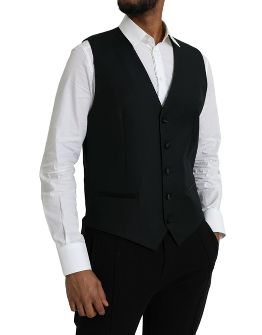A black wool vest with a waistcoat design, part of formal wear