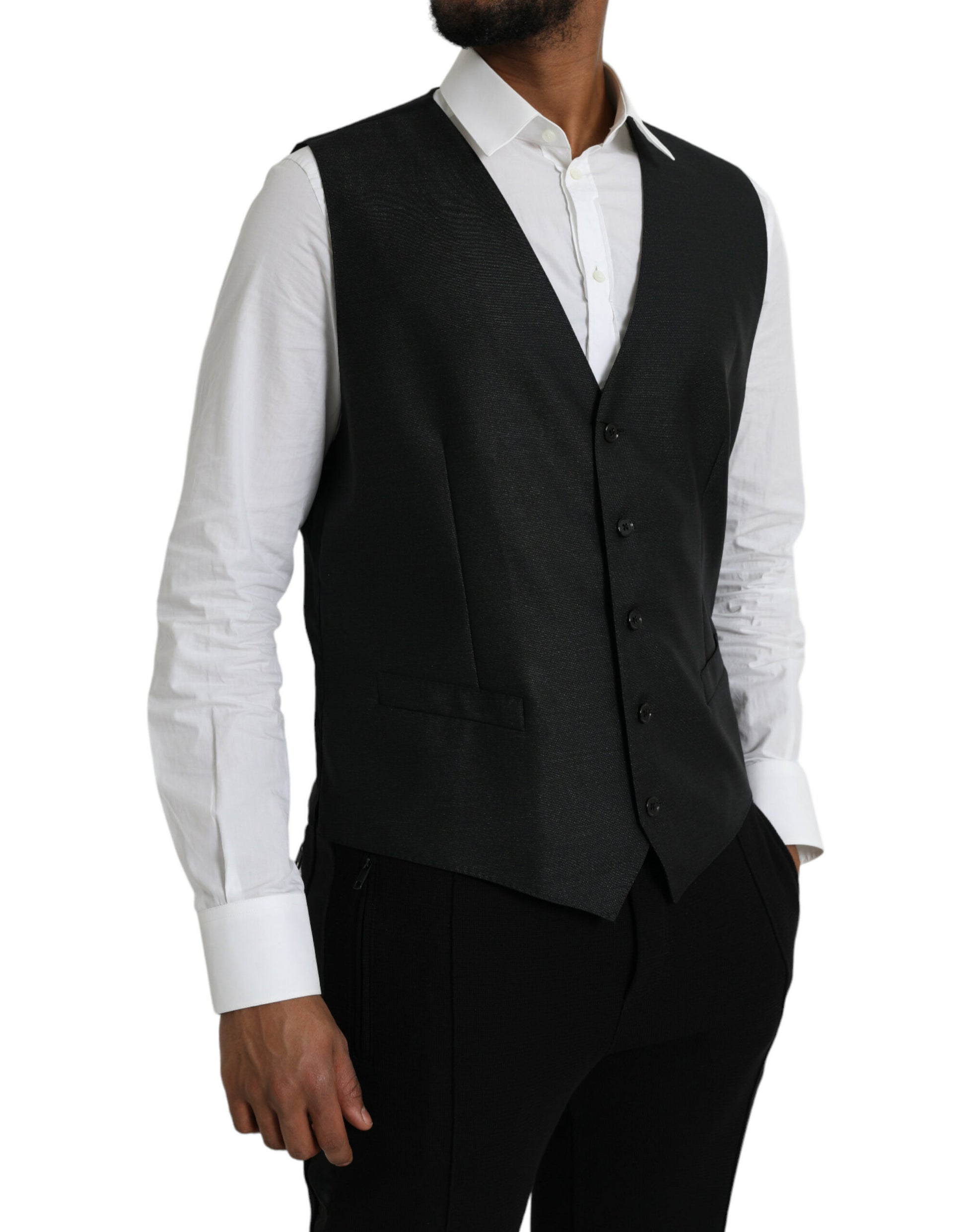 A black wool vest with a waistcoat design, part of formal wear