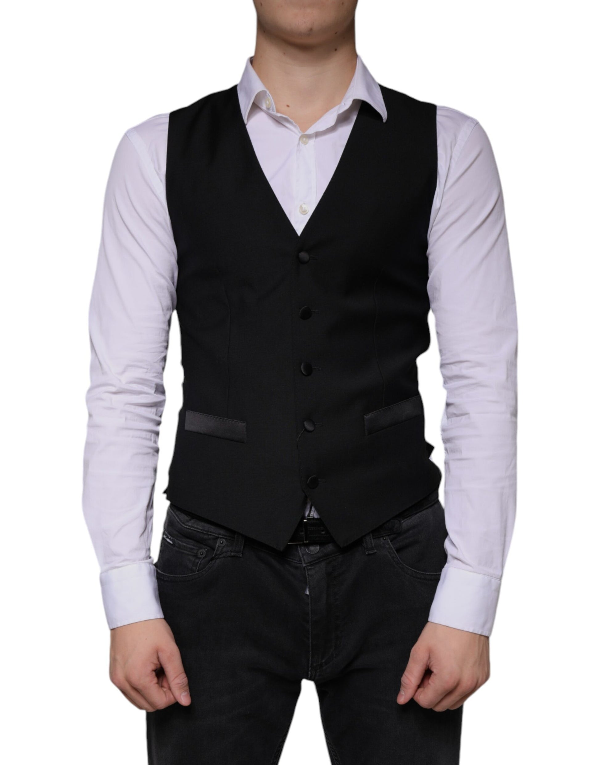 A black wool vest with a waistcoat design, part of formal wear