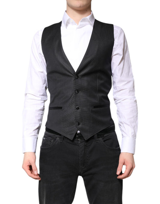 A black wool vest with a waistcoat design, part of formal wear