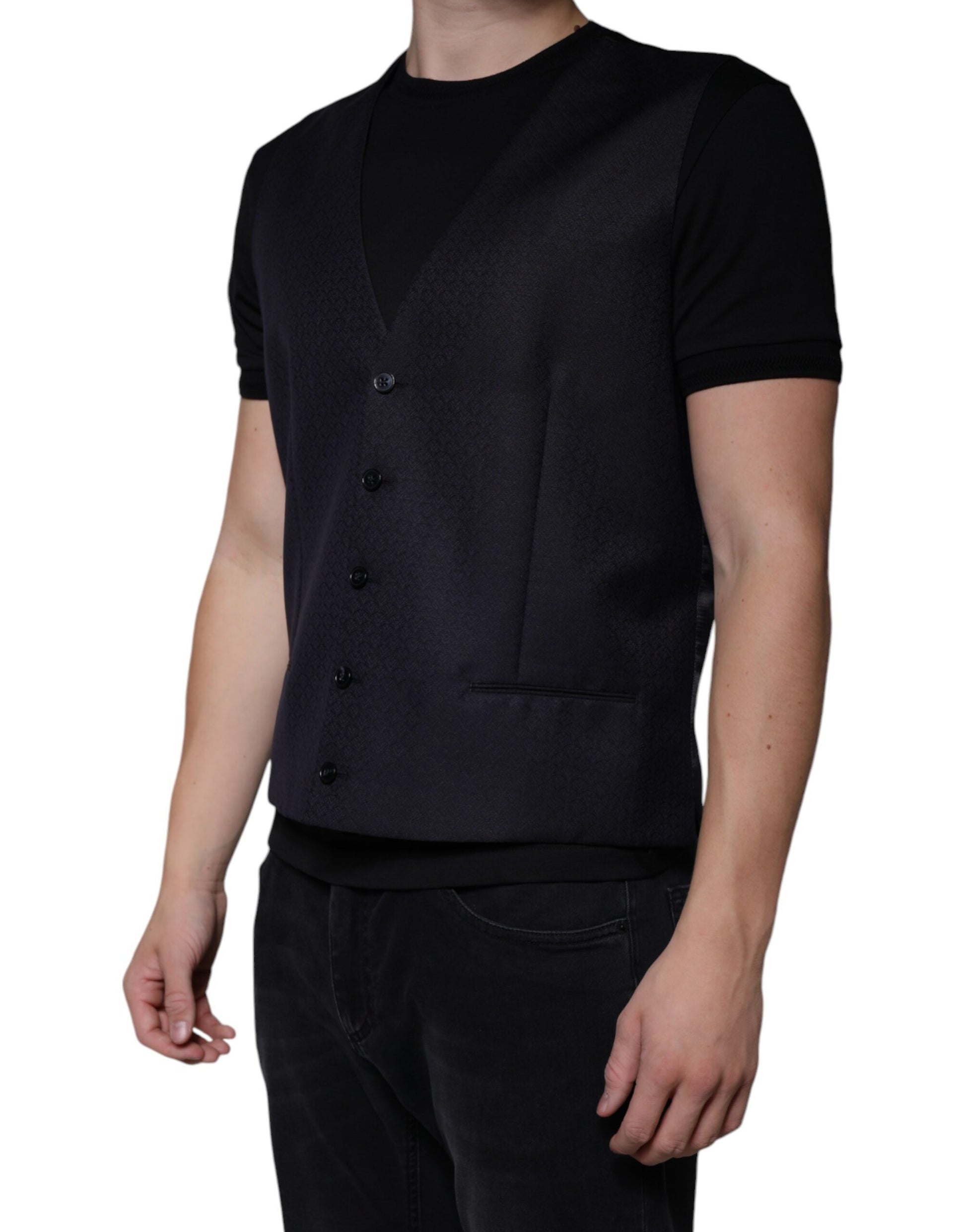 A black wool vest with buttons, part of a formal dress ensemble