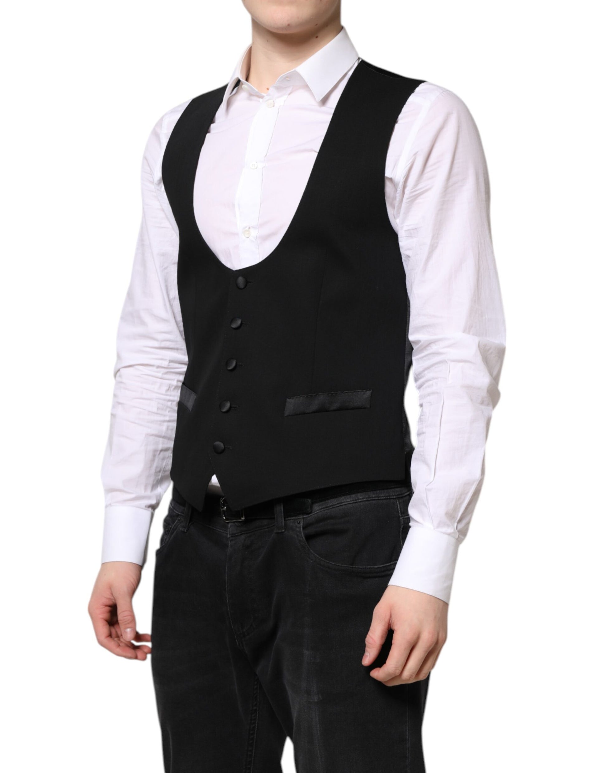 A black wool vest with a waistcoat design, part of formal wear