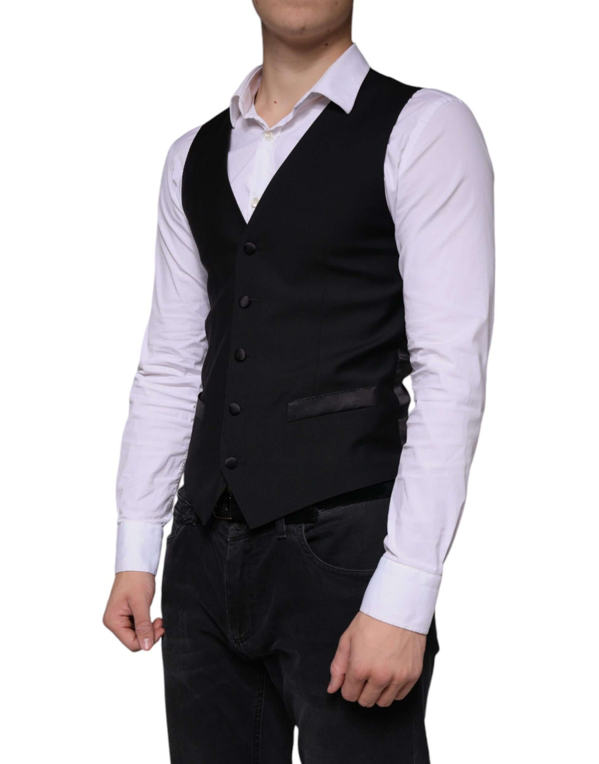 A black wool vest with a waistcoat design, part of formal wear