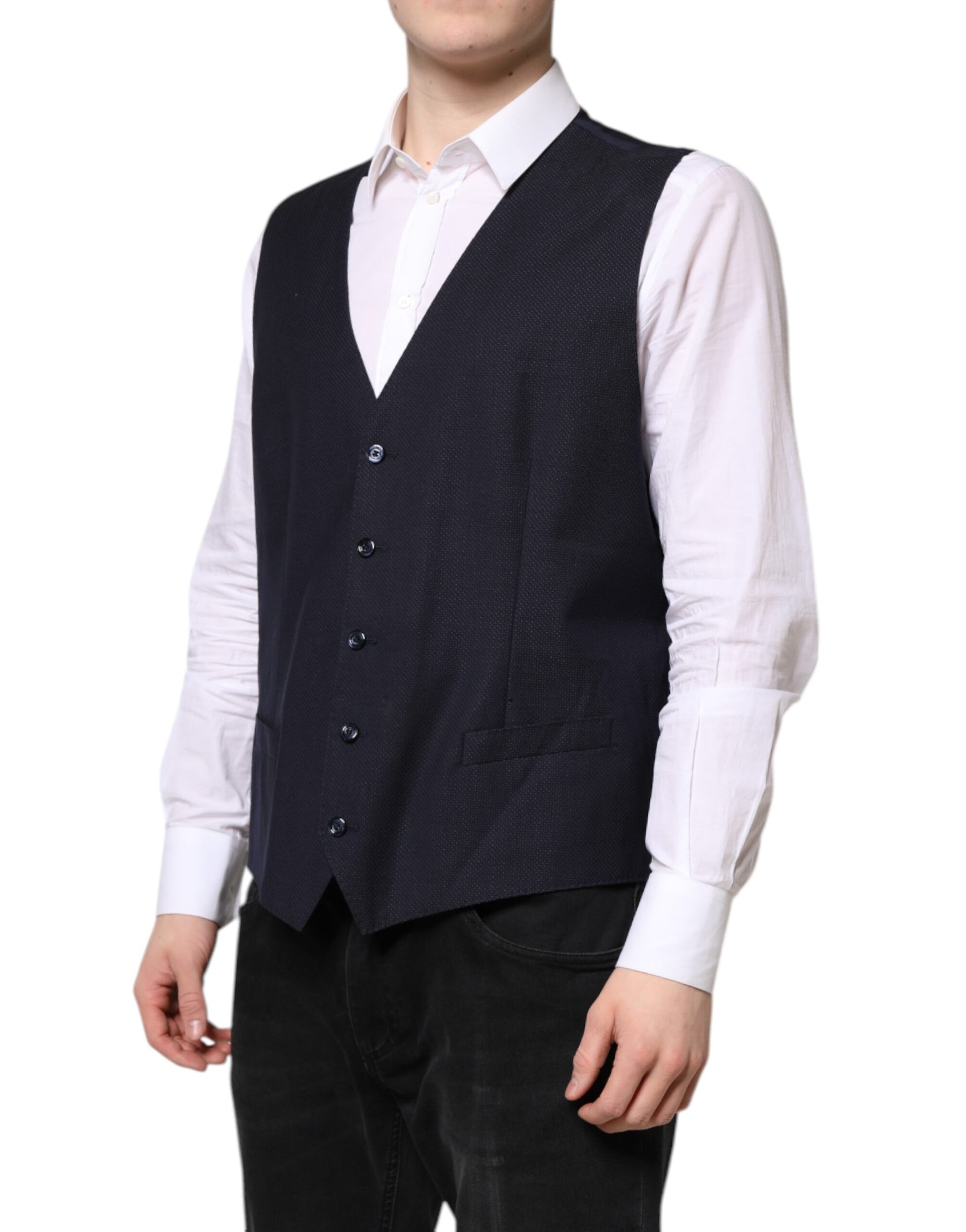 A black wool vest with a waistcoat design, part of formal wear