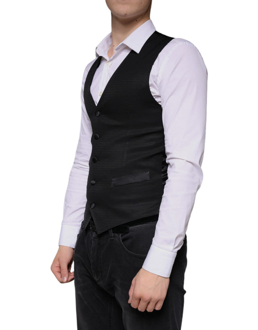 A black wool waistcoat with a vest design, part of formal wear