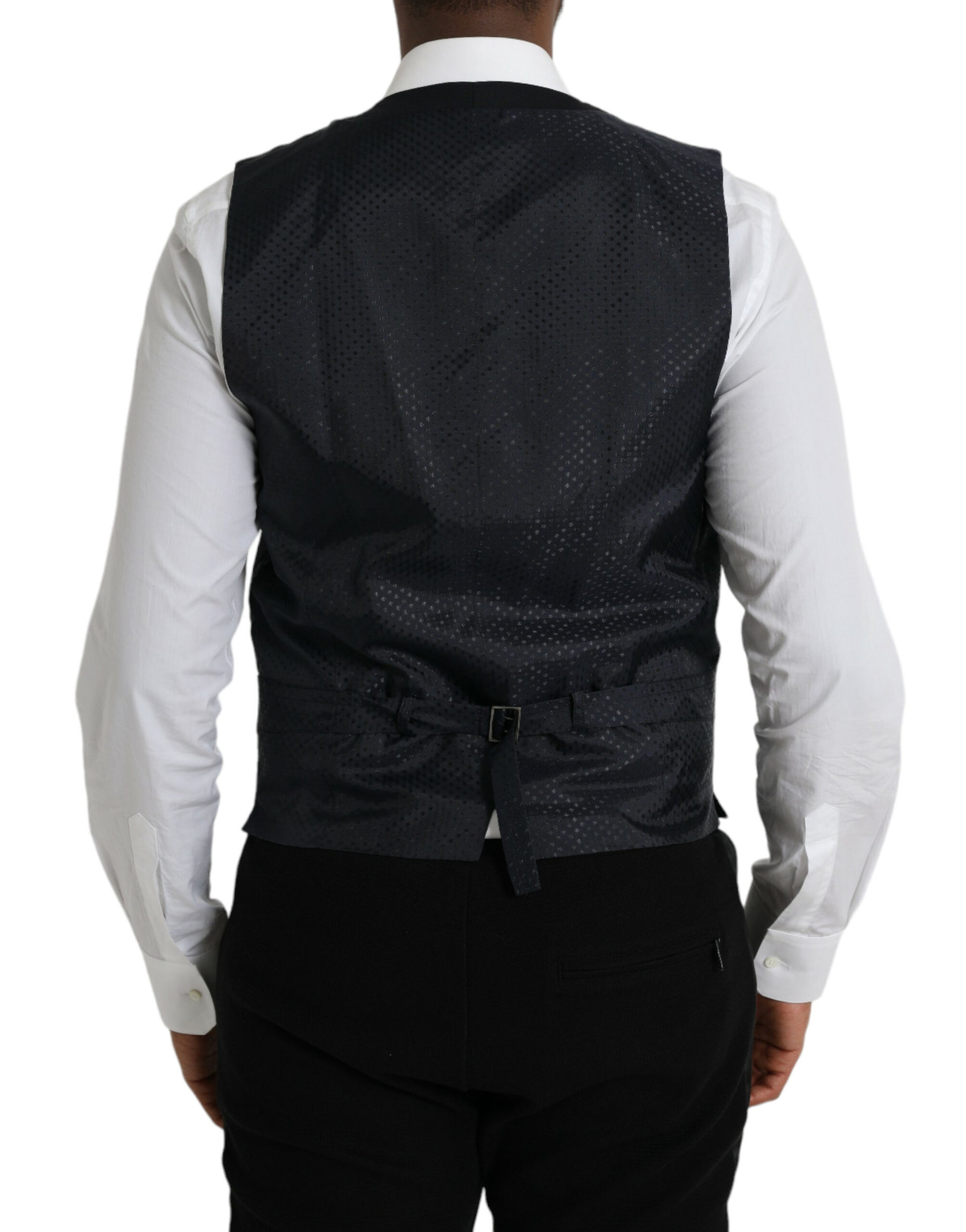 A black wool vest with a textured pattern, part of a formal dress suit