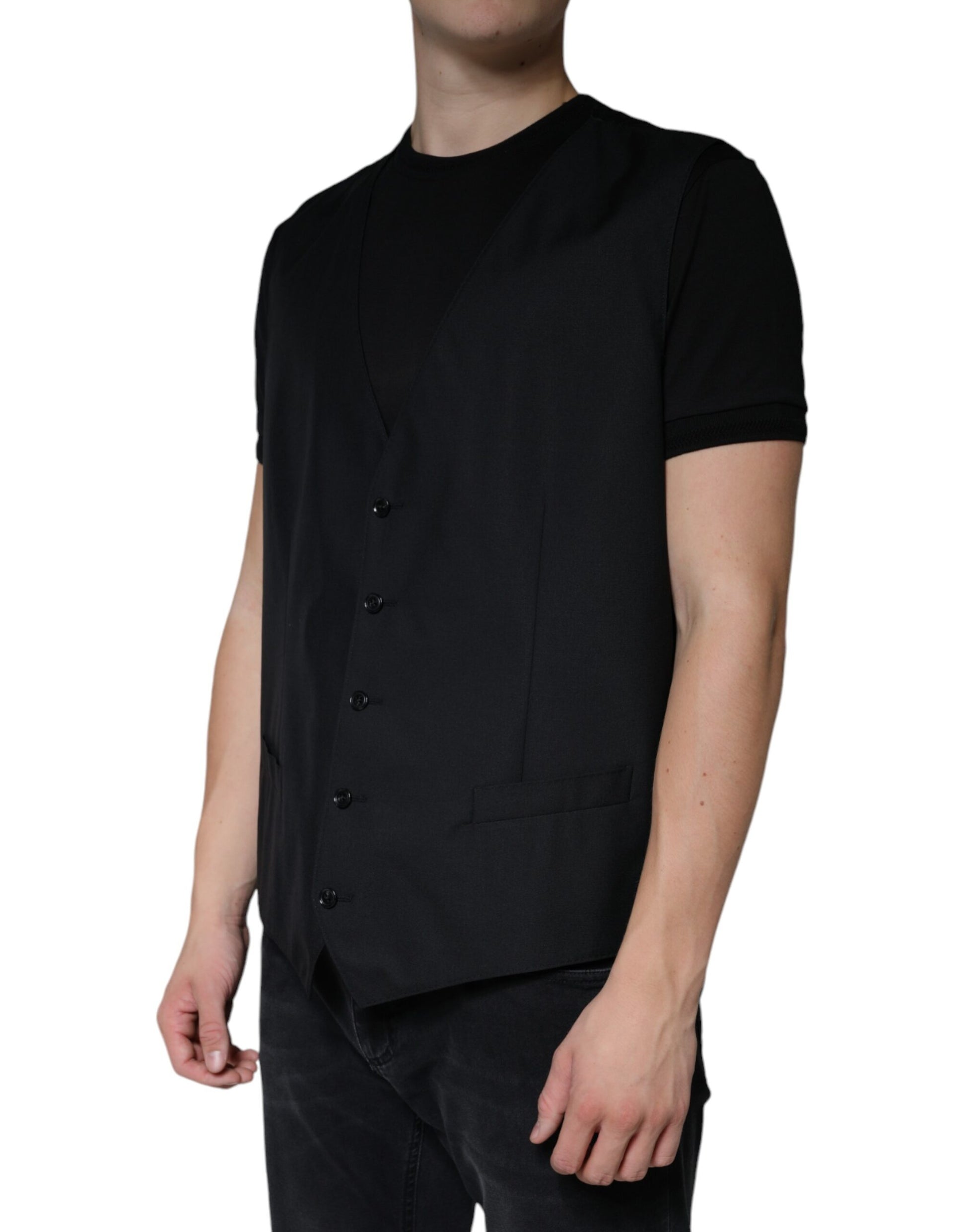 A black wool vest with buttons, part of a formal dress ensemble