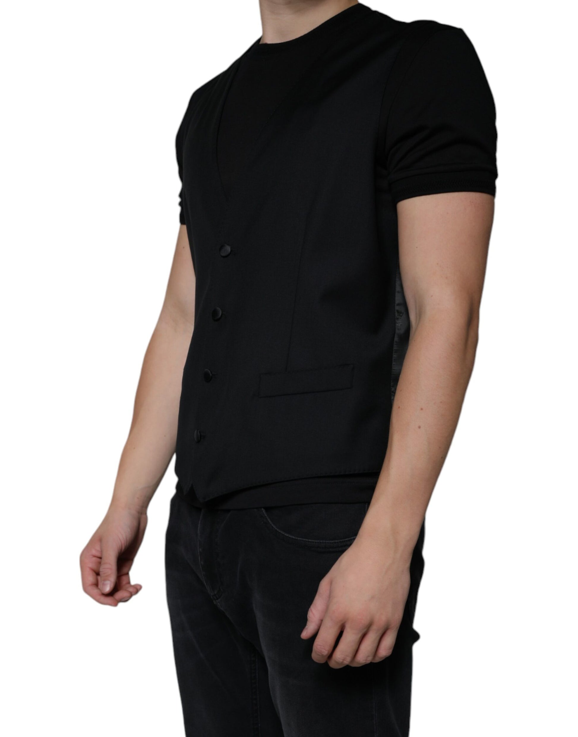 A black wool vest with a waistcoat design, part of formal wear