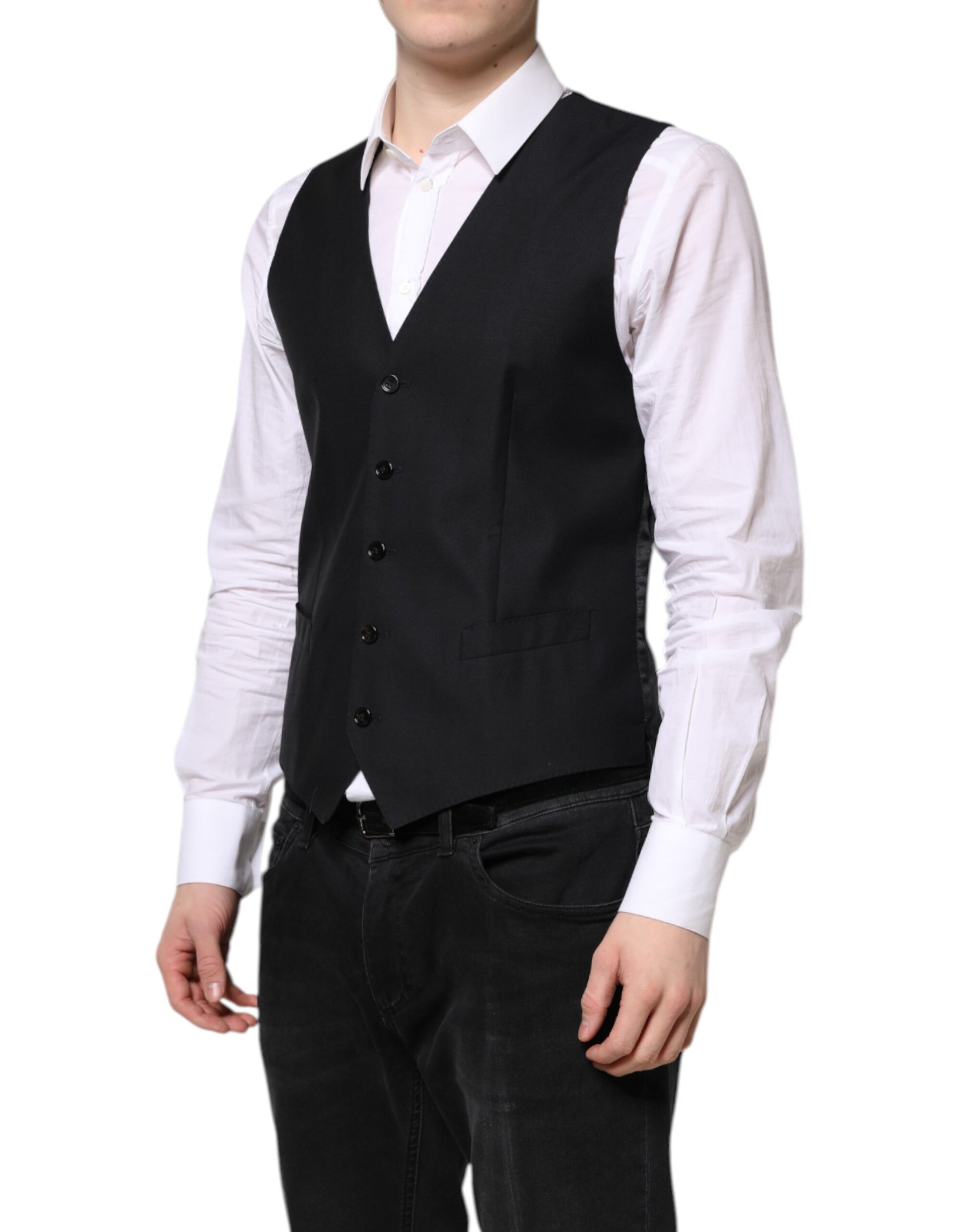A black wool vest with a waistcoat design, part of formal wear