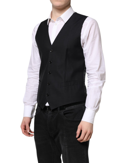 A black wool vest with a waistcoat design, part of formal wear