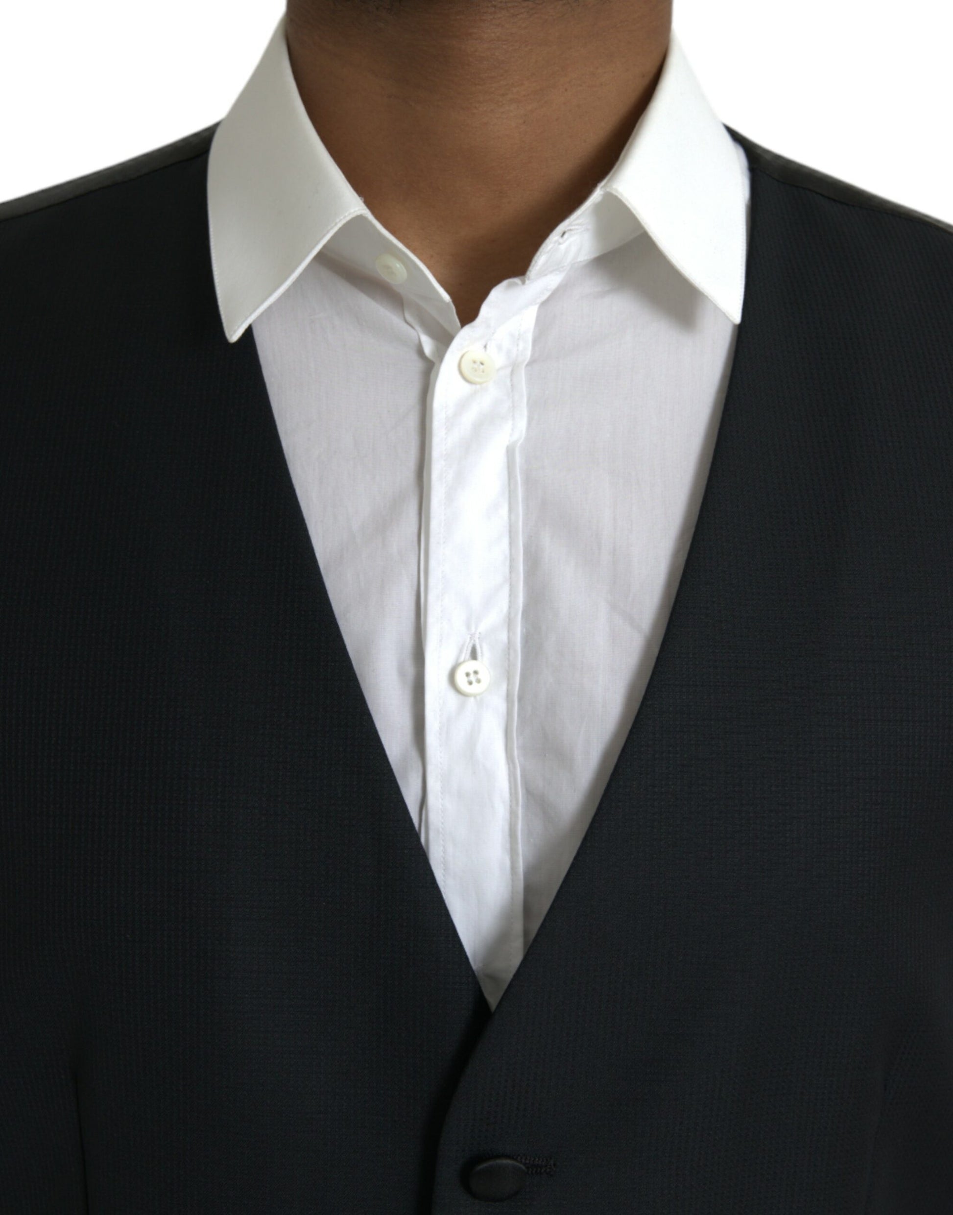A black wool waistcoat with a vest design, part of formal wear