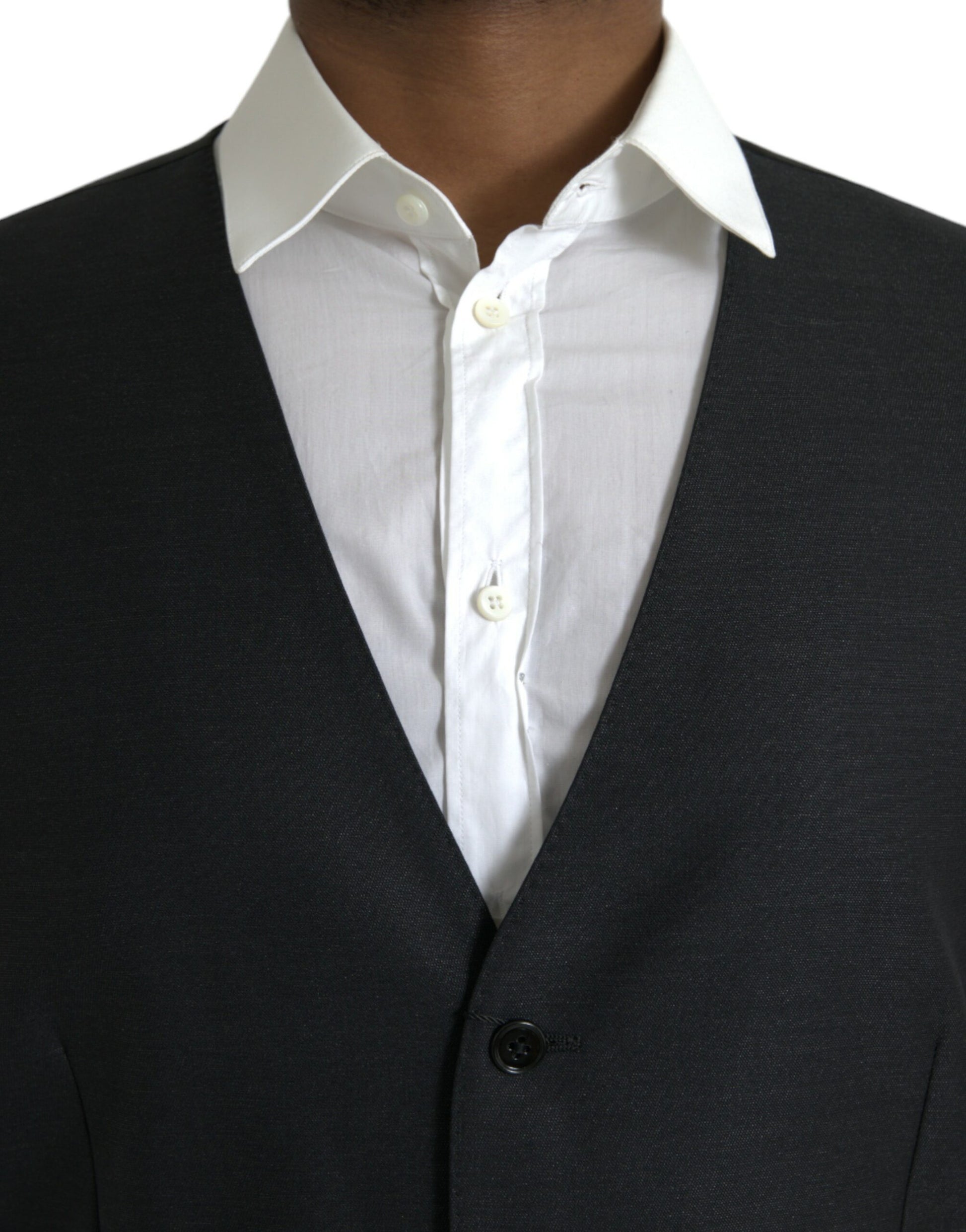A black wool waistcoat with a single-button front