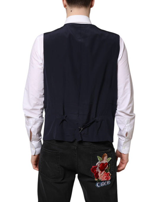 A black wool vest with a floral embroidery on the back