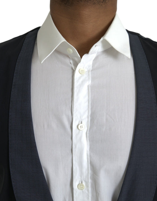 A black wool waistcoat with a vest-like design, featuring a buttoned front and a collar