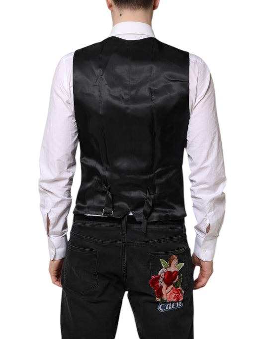A black wool waistcoat with a rose embroidery on the back