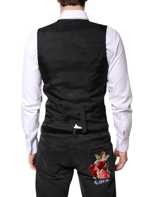 A black wool waistcoat with a vest design, featuring a lapel collar and two front pockets. It is part of the