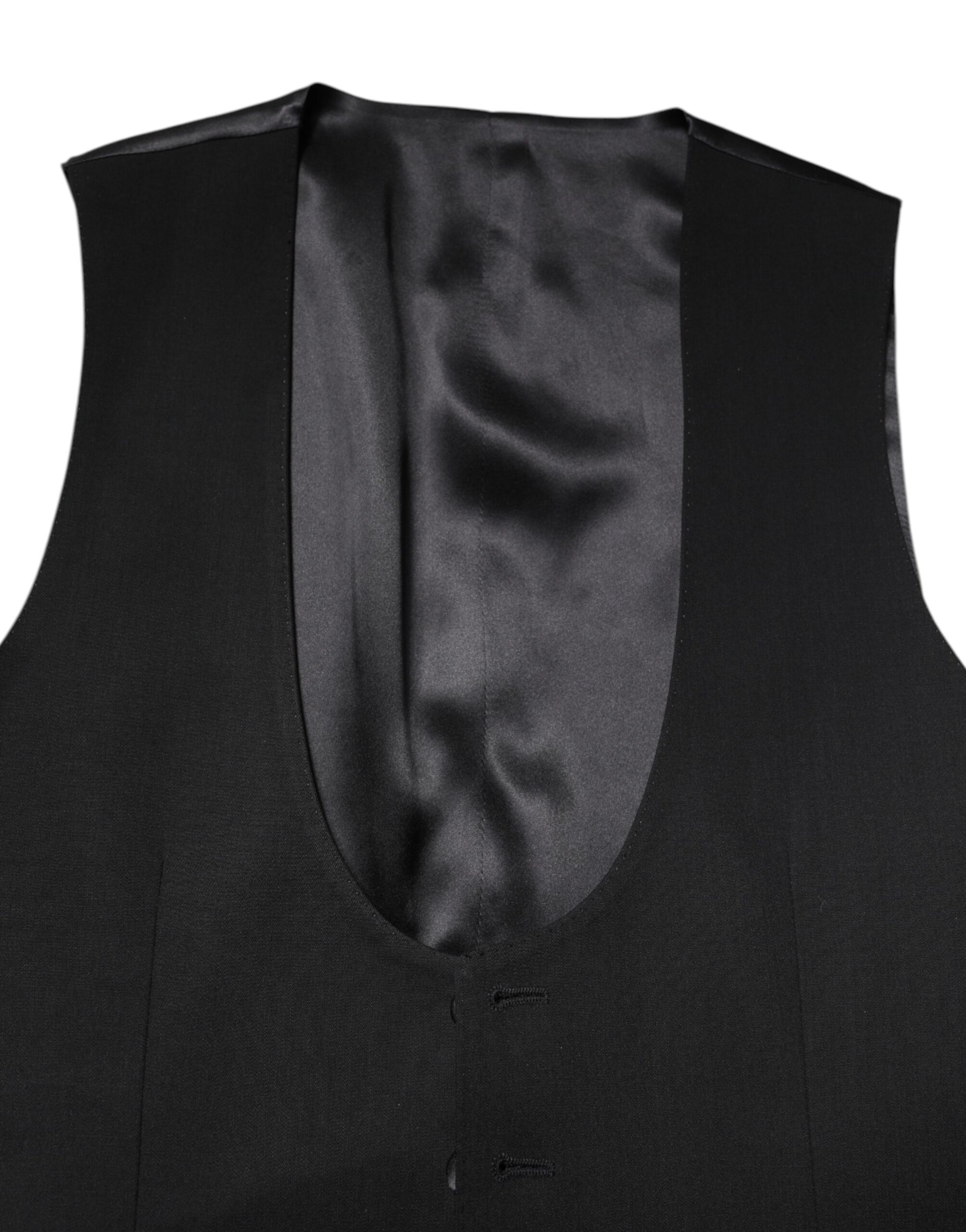 A black wool vest with a satin lapel and matching waistband