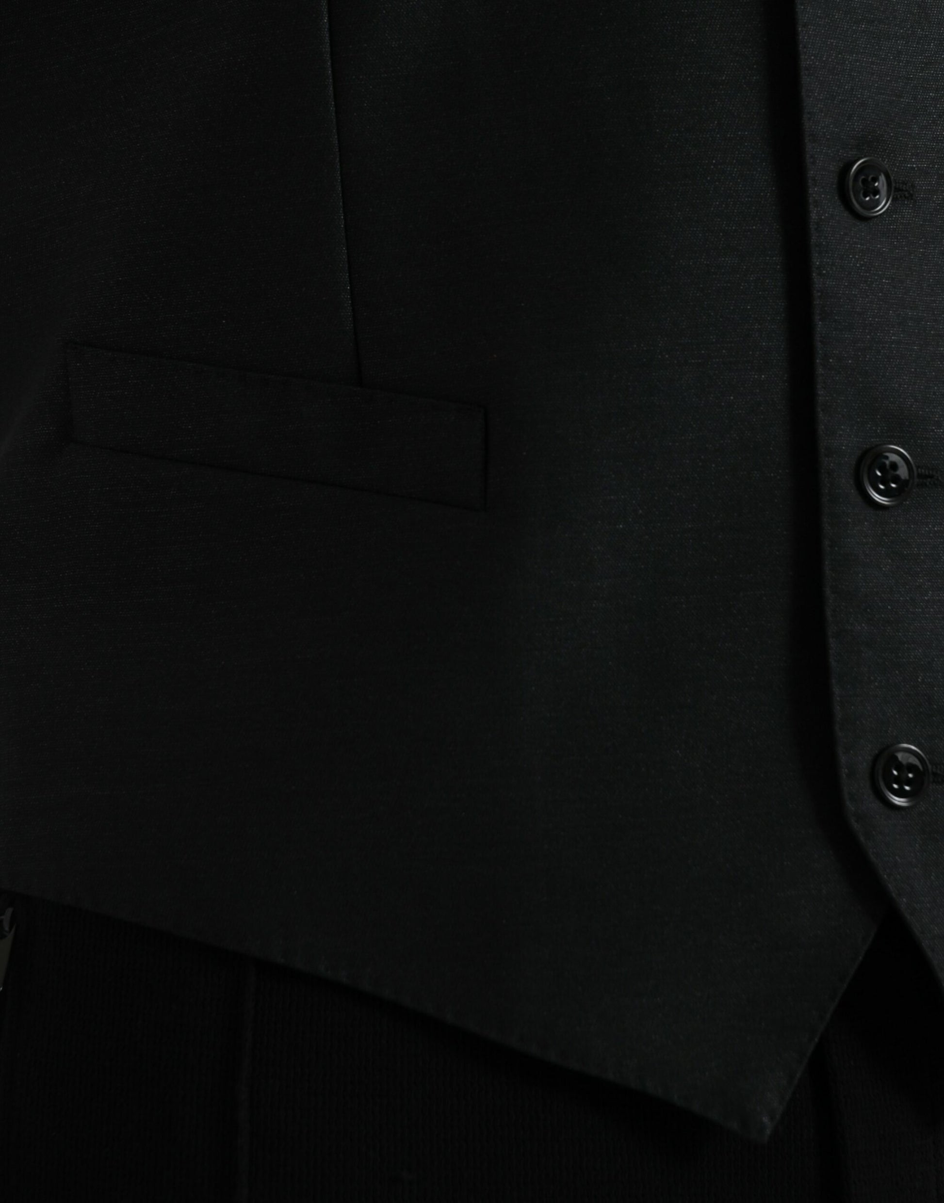 A black wool waistcoat with a vest design, featuring a button-up front and a single pocket on the left side