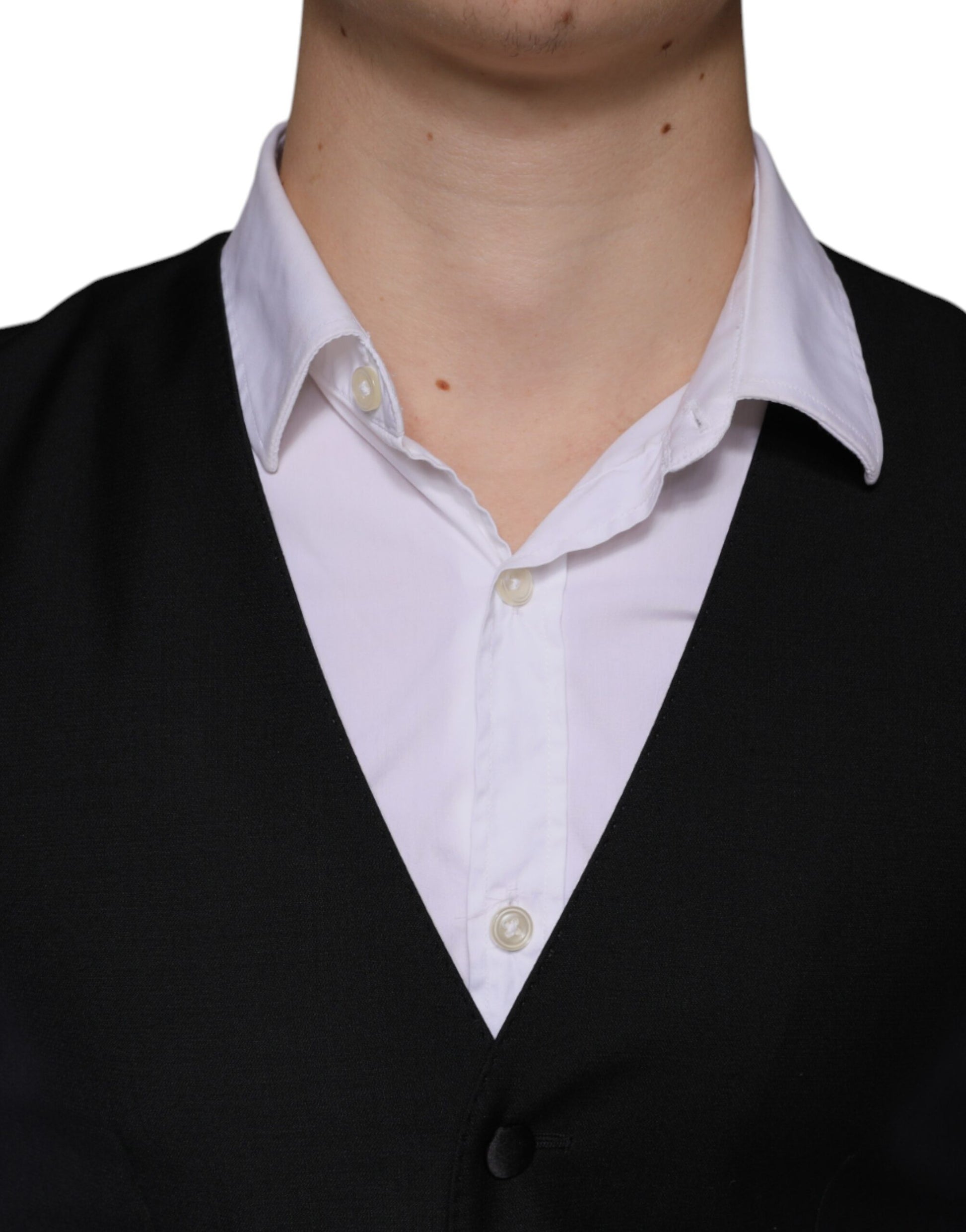 A black wool waistcoat with a vest design, part of formal wear