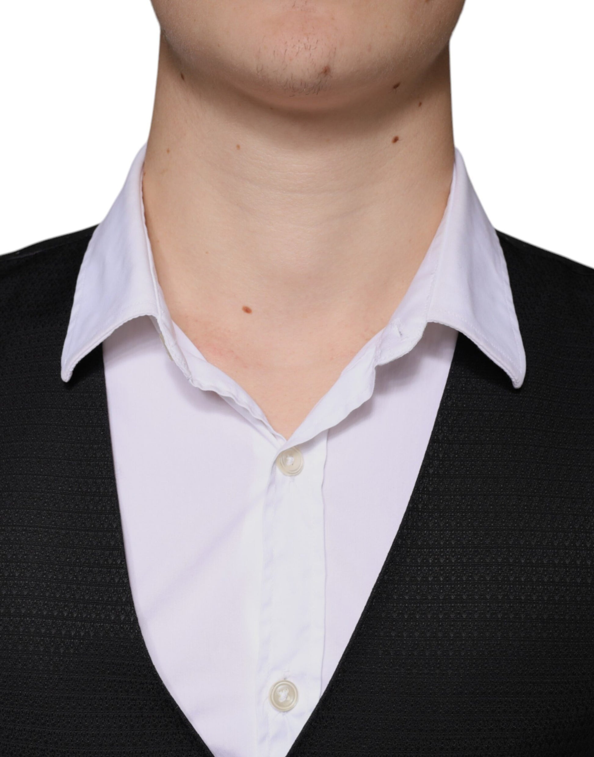 A black wool waistcoat with a vest design, part of formal wear