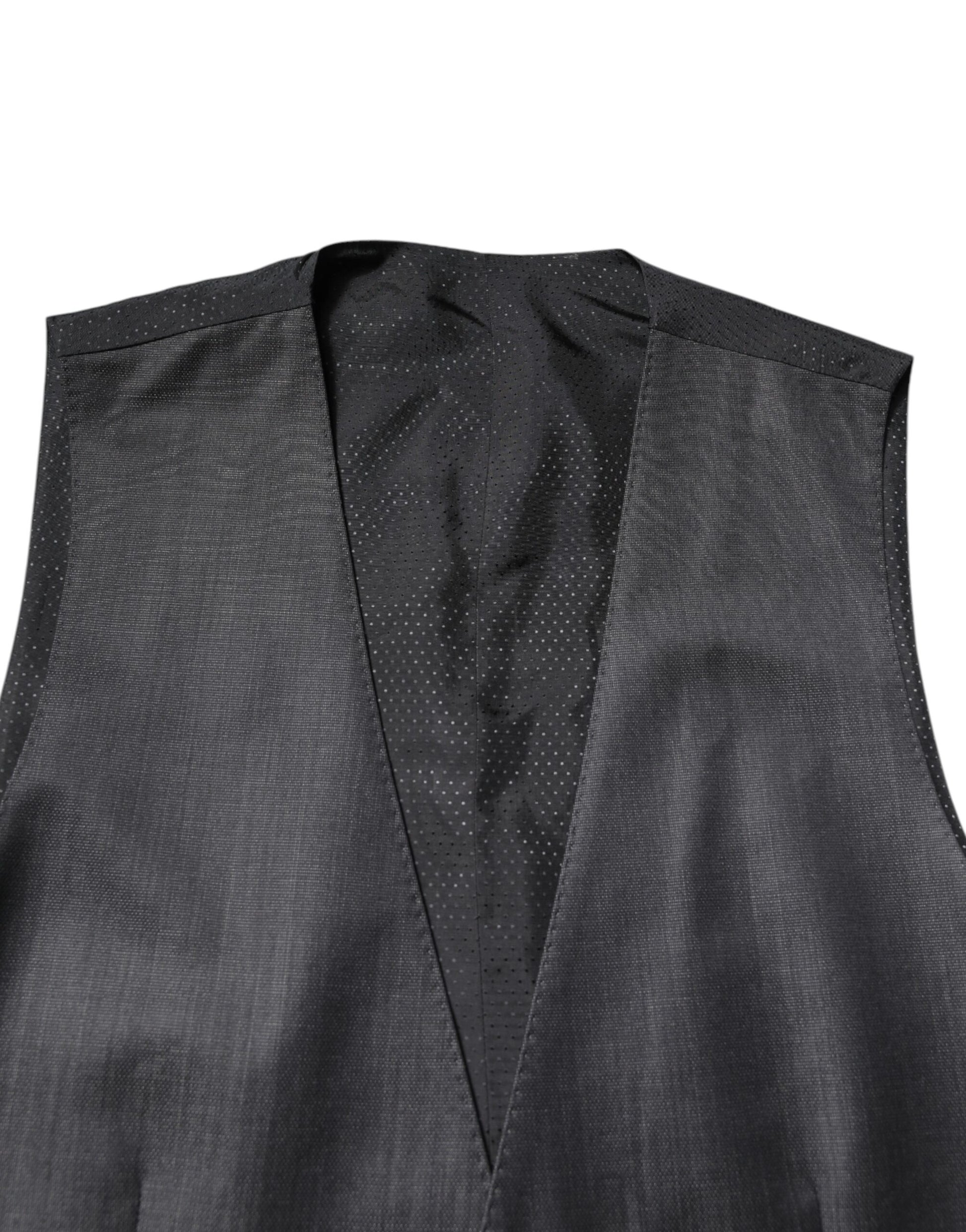 A black wool vest with a textured pattern and a notched collar