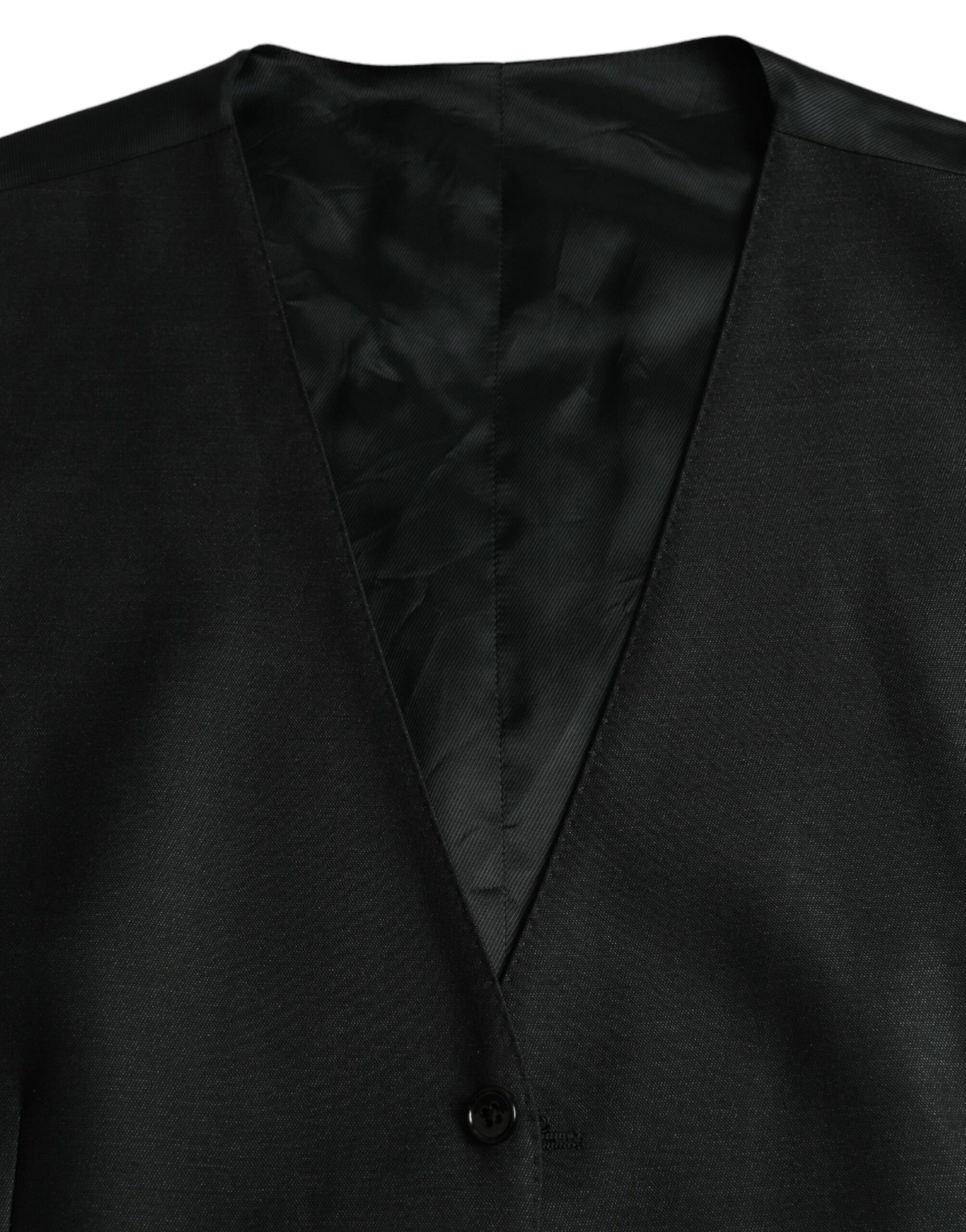 A black wool waistcoat with a lapel and button closure