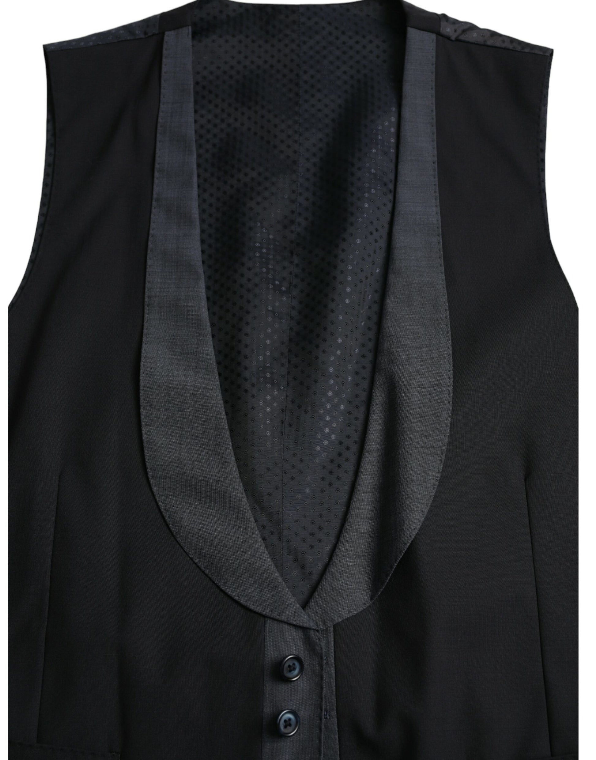 A black wool vest with a lapel and buttons, part of formal wear