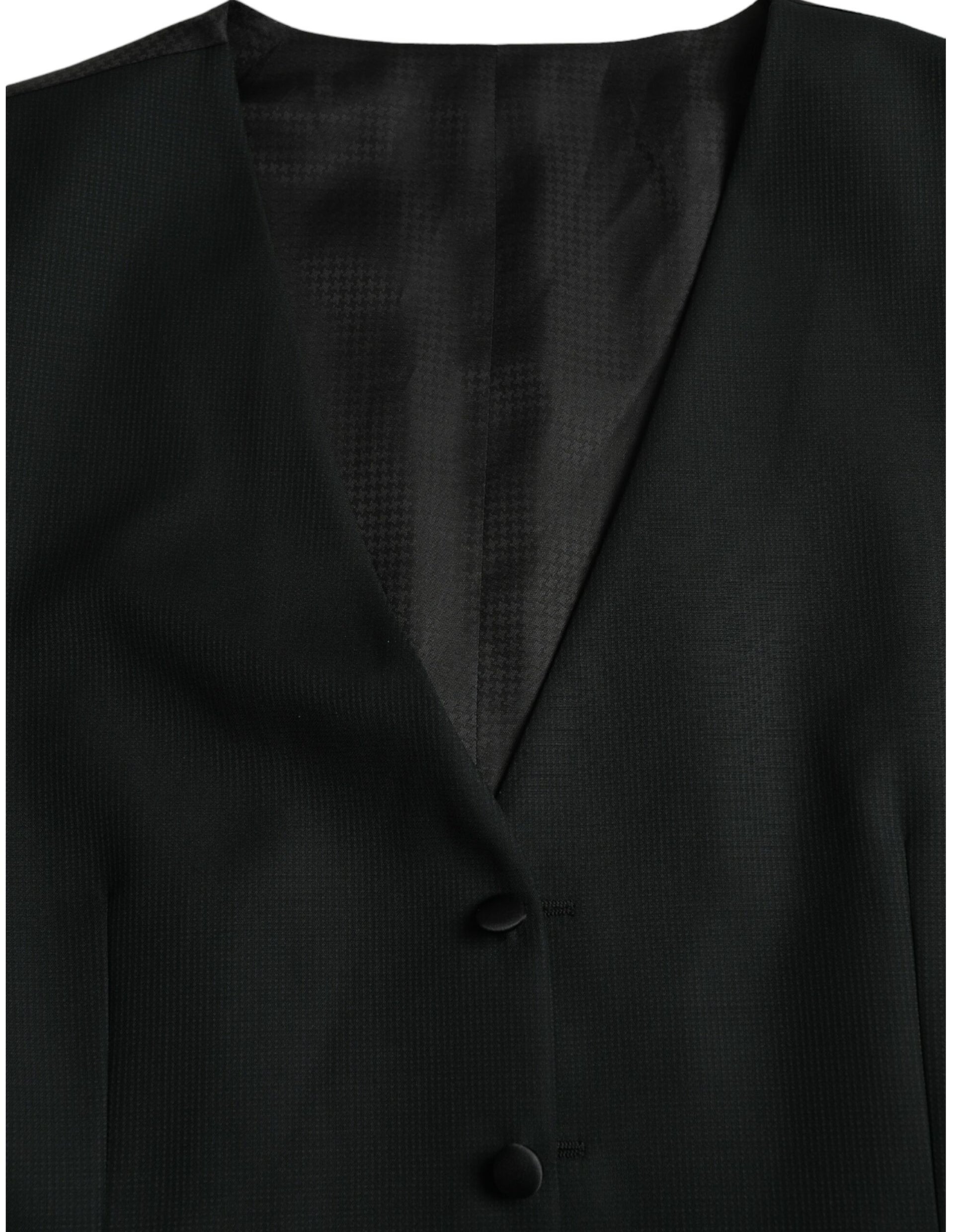 A black wool vest with a waistcoat design, featuring a notched collar and two front pockets