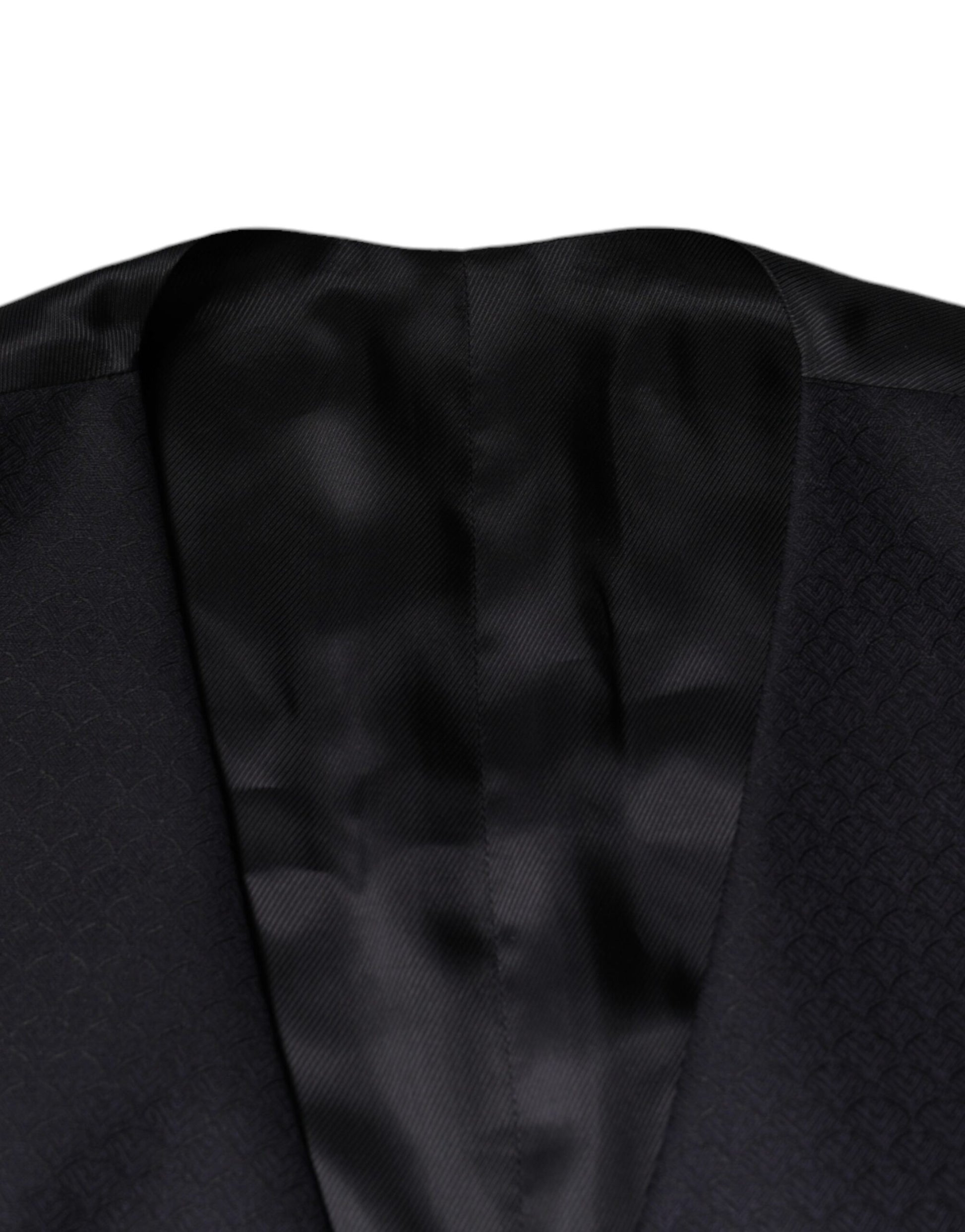 A black wool waistcoat with a textured pattern, part of a formal dress suit