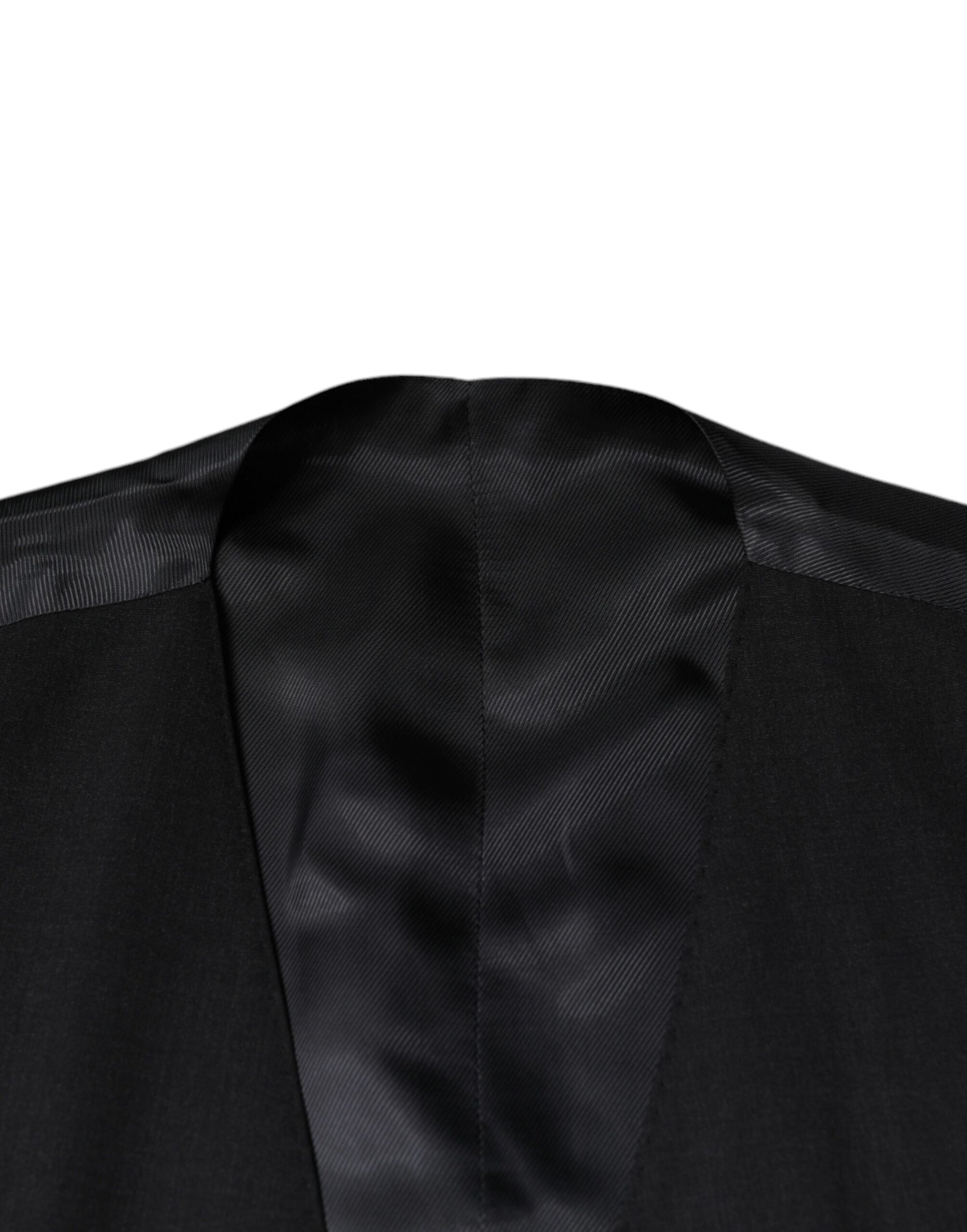 A black wool waistcoat with a textured back panel
