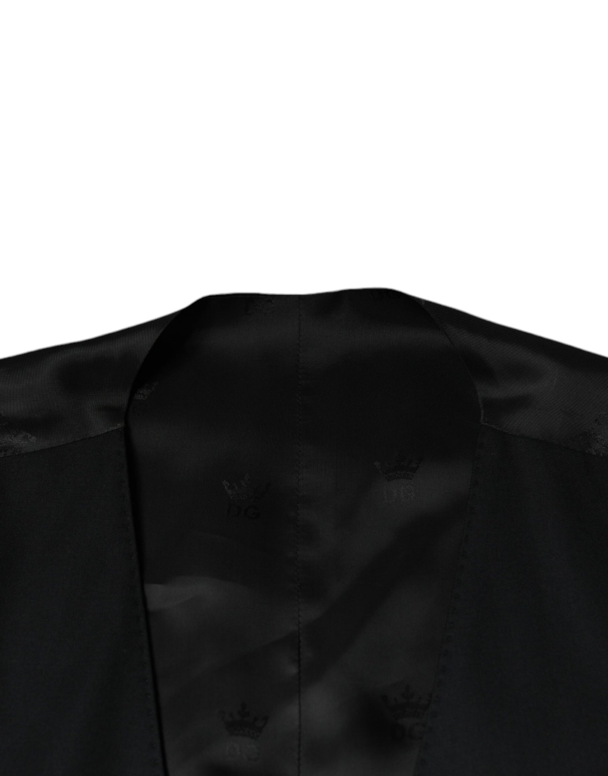 A black wool waistcoat with a lapel and buttons
