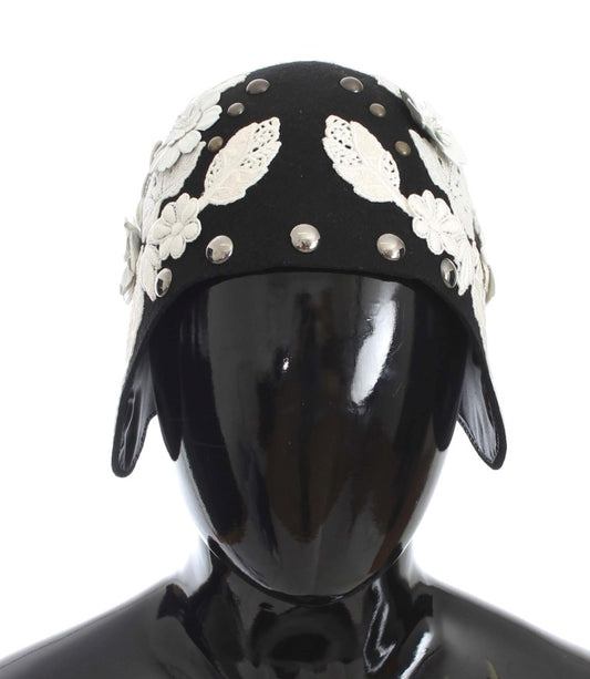 Headgear with embroidered leaves on black background
