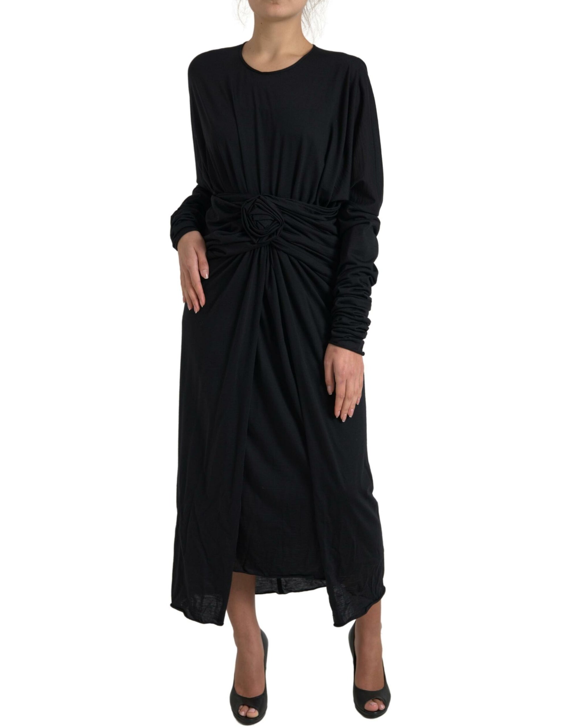 A black wool wrap sheath midi gown dress with long sleeves and a belted waist