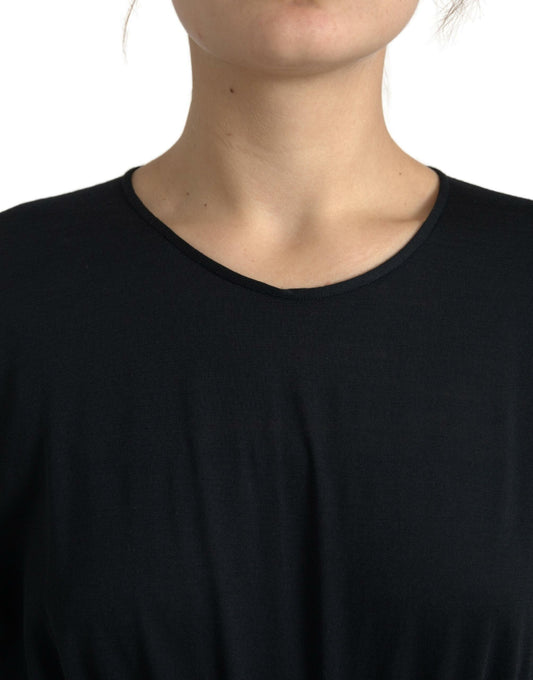 A black wool wrap sheath midi gown dress with a V-neckline