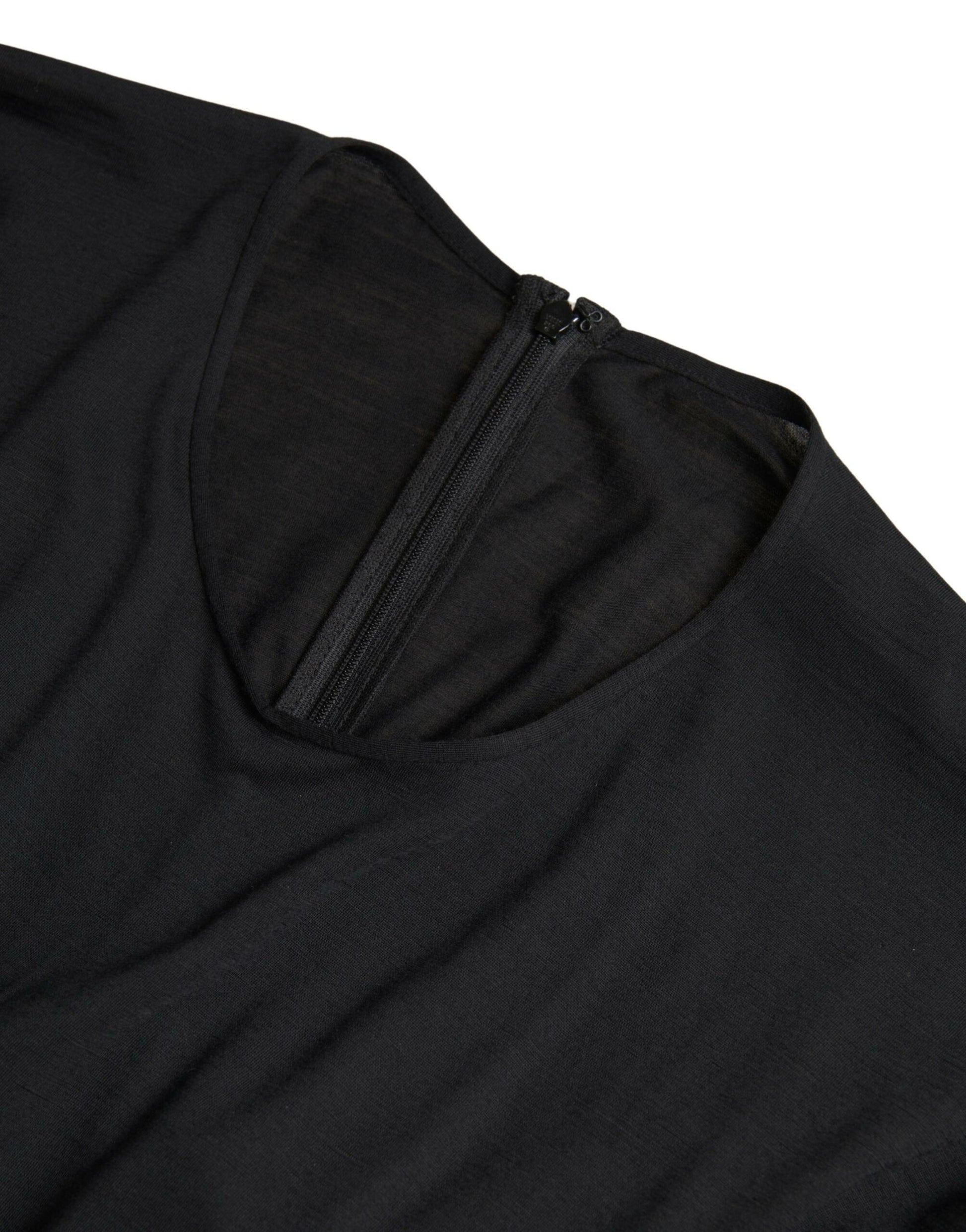 A black wool wrap sheath midi gown dress with a zippered front