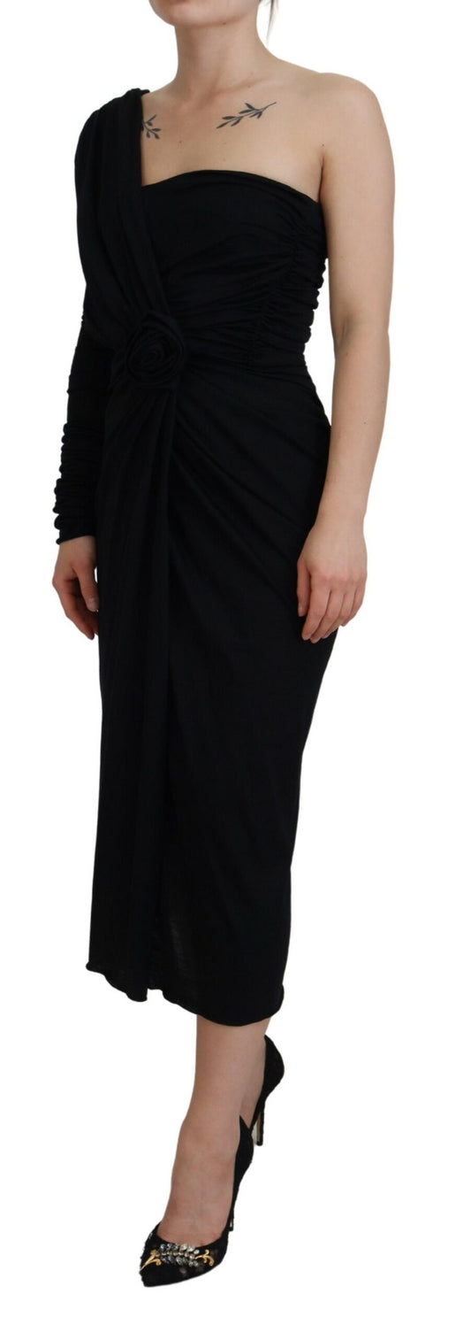 Long black formal dress with ruffles on sleeves