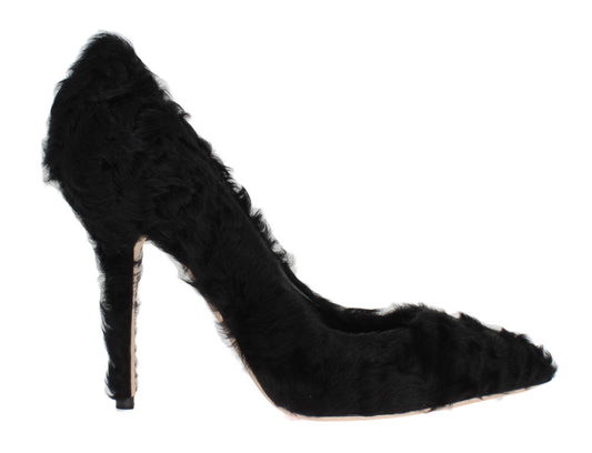 Black high heel shoe with fur trim