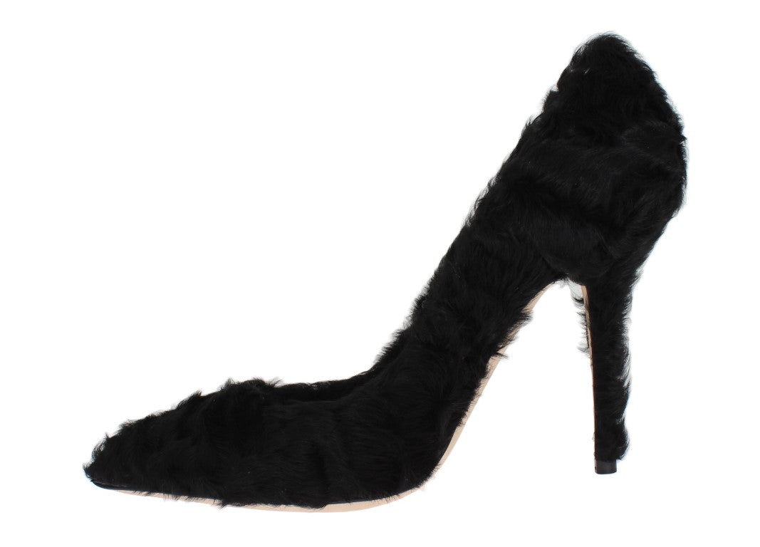 Black high heel shoe with fur trim and stiletto heel