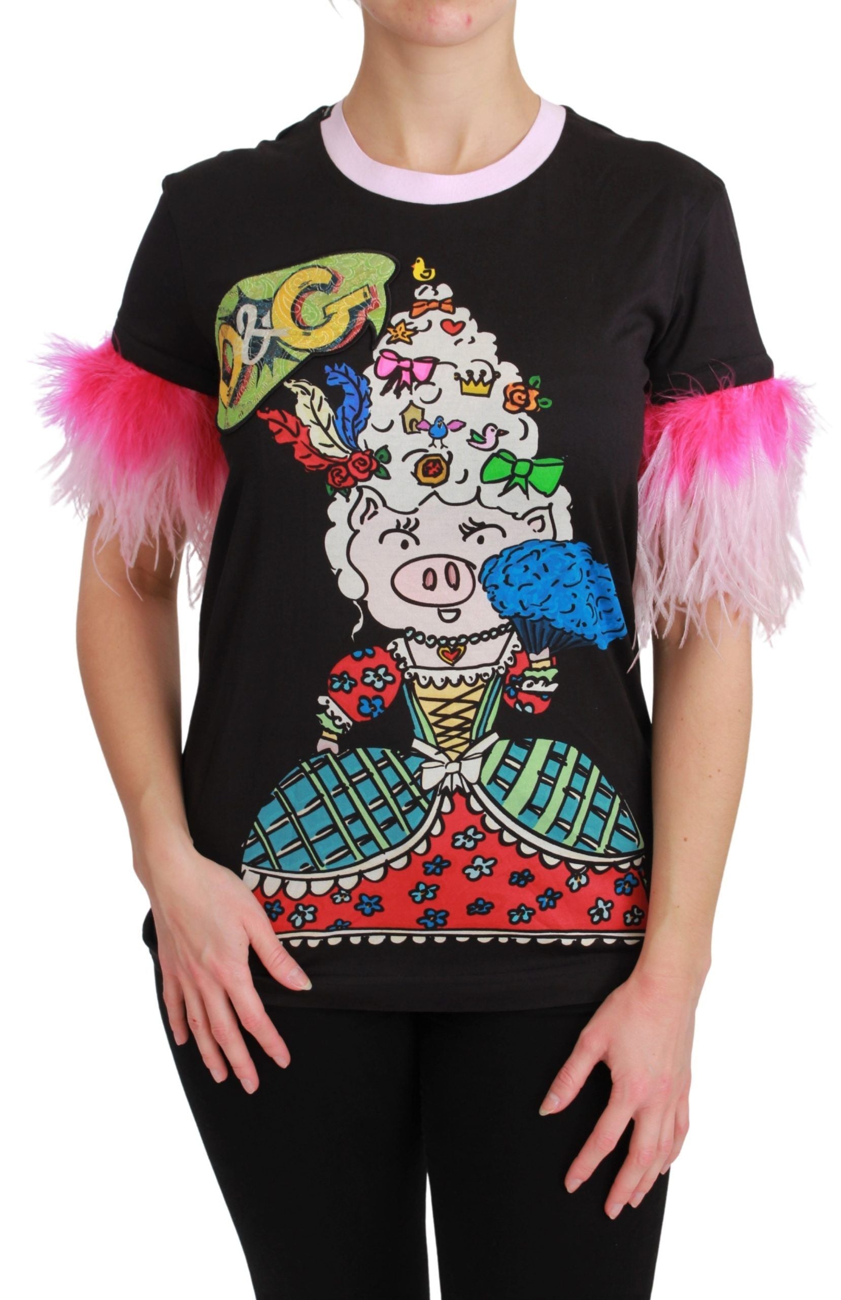 Black t-shirt with colorful cartoon design featuring a pig in a dress