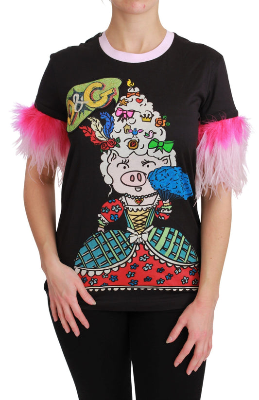 Black t-shirt with colorful cartoon design featuring a pig in a dress