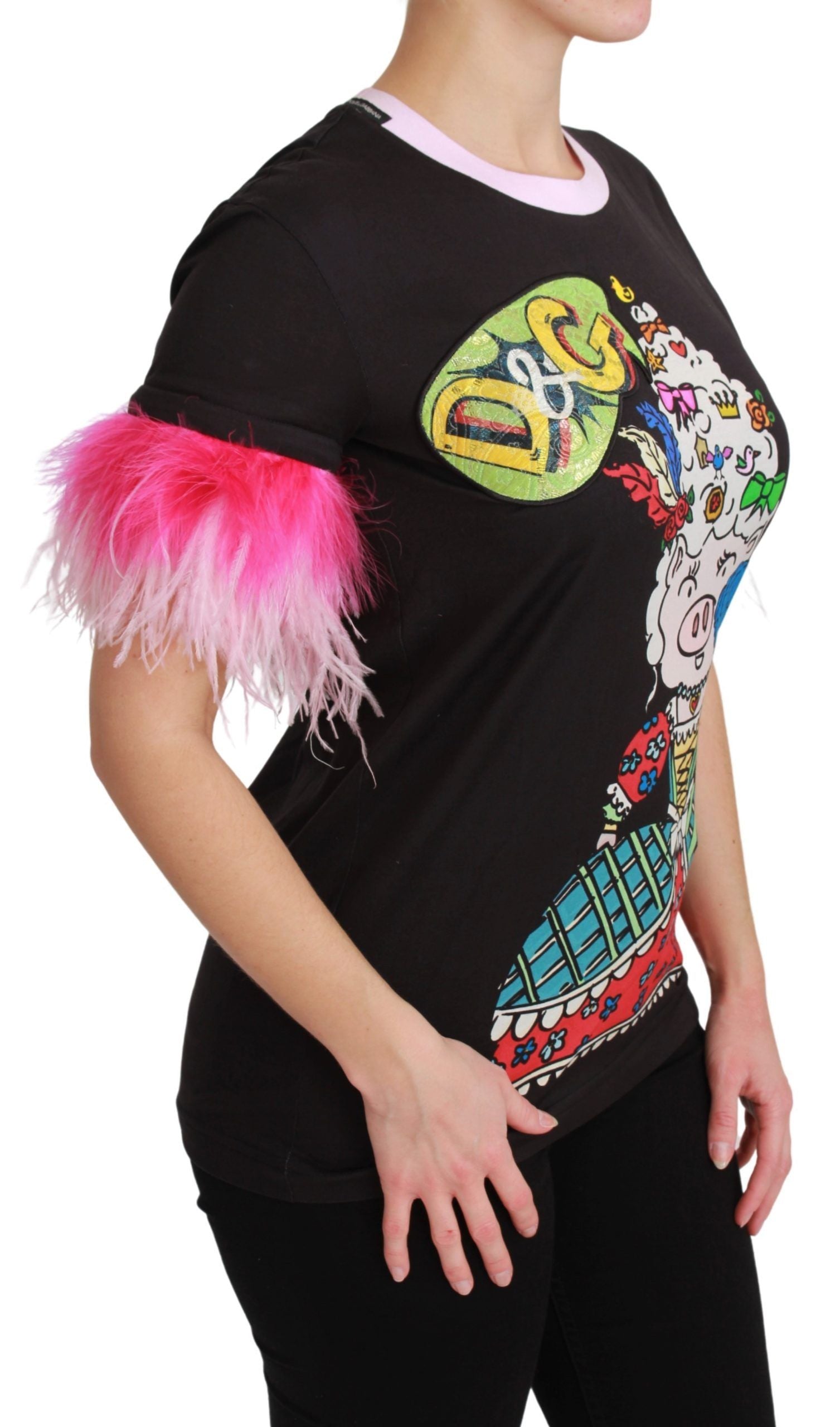 Black t-shirt with colorful graphic design on front