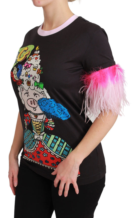 Black t-shirt with colorful graphic design on front