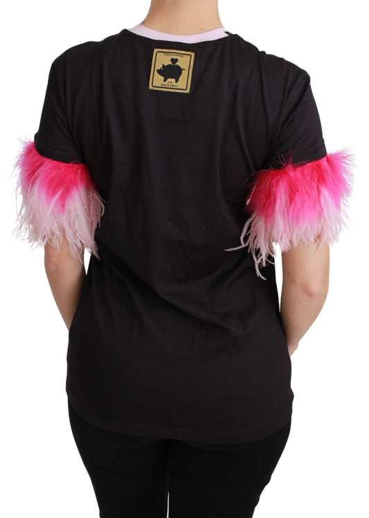Black shirt with pink feathered sleeves