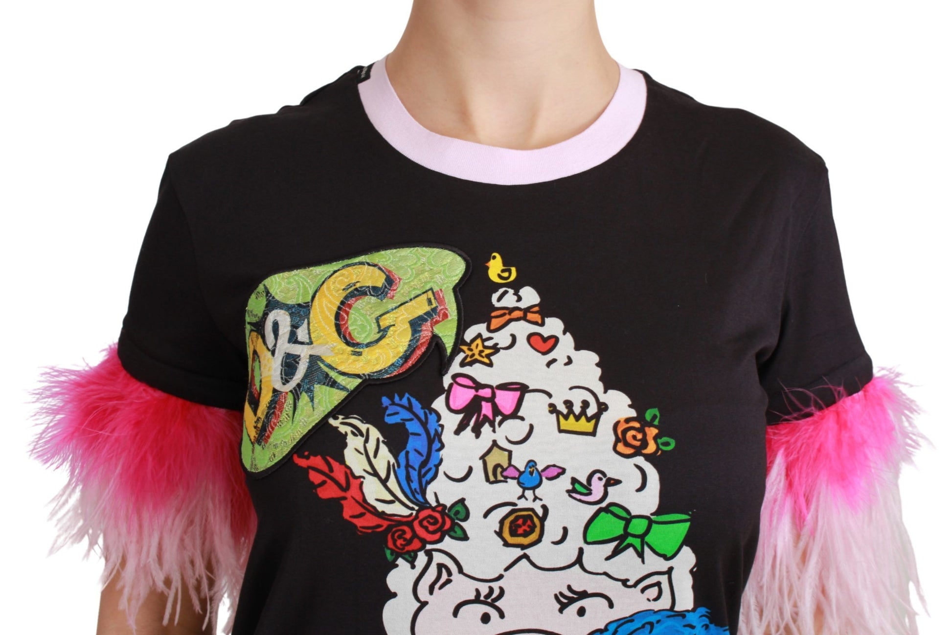 Black t-shirt with colorful graphic design on front