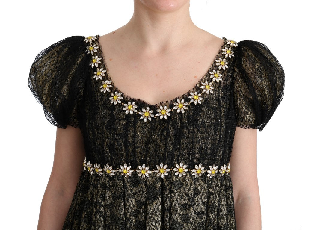 Black dress with white flowers on sleeves